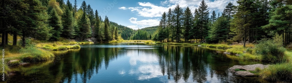 Poster scenic view of lake in pine forest under cloudy blue sky concept. serene lake surrounded by lush gre
