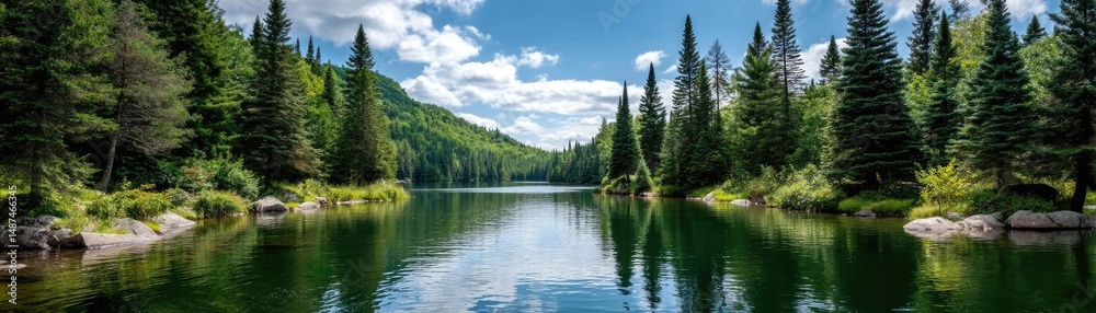 Aufkleber Scenic view of lake in pine forest under cloudy blue sky concept. Serene lake surrounded by lush green trees and clear blue sky.