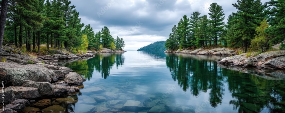 Poster Scenic view of lake in pine forest under peaceful nature concept. Tranquil river scene surrounded by lush greenery and cloudy skies.