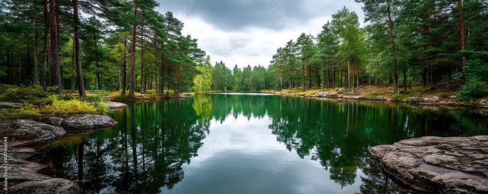 Aufkleber scenic view of lake in pine forest under peaceful nature concept. serene lake reflecting trees under