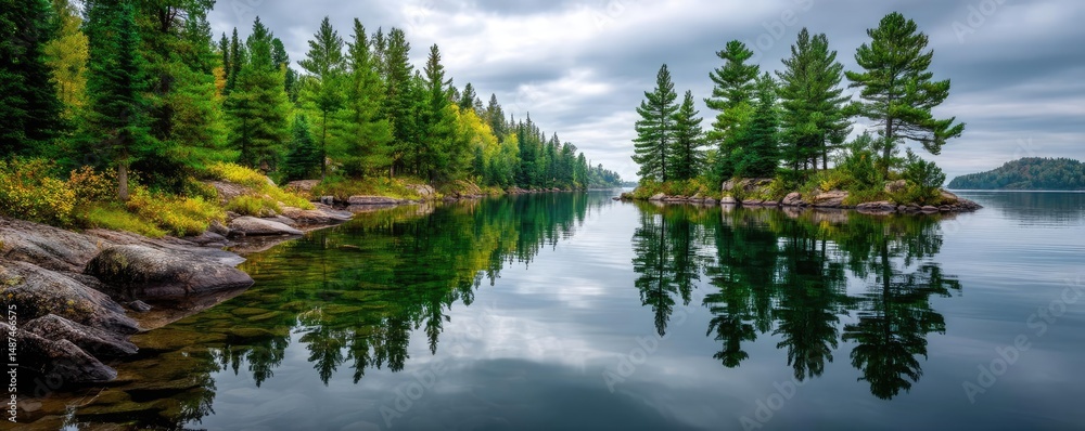 Poster Scenic view of lake in pine forest under peaceful nature concept. Tranquil forest lake reflecting serene trees and cloudy skies.