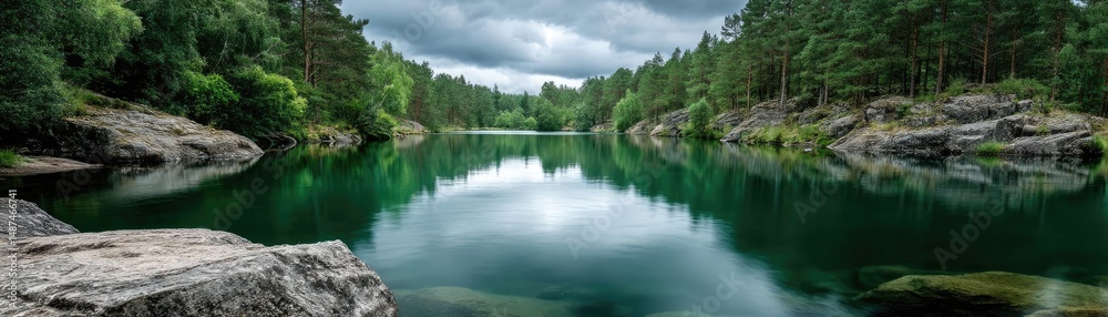 Aufkleber Scenic view of lake in pine forest under peaceful nature concept. Serene lake surrounded by lush greenery and tranquil skies.