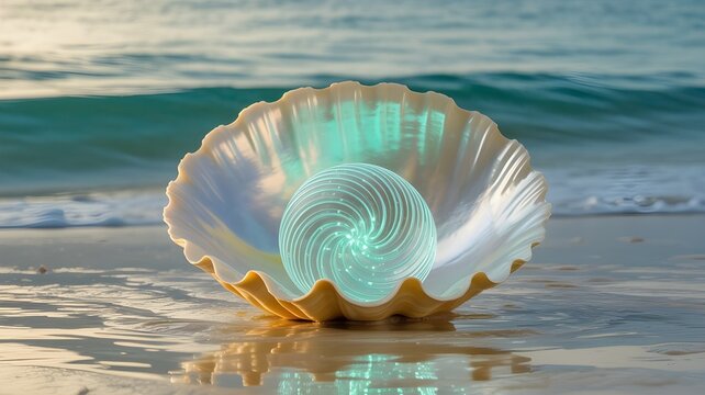 An open seashell cradles a swirling, luminous sphere of light or energy within its pearly interior. The shell rests on a surface that suggests a beach or shallow water. The image has a mystical and en
