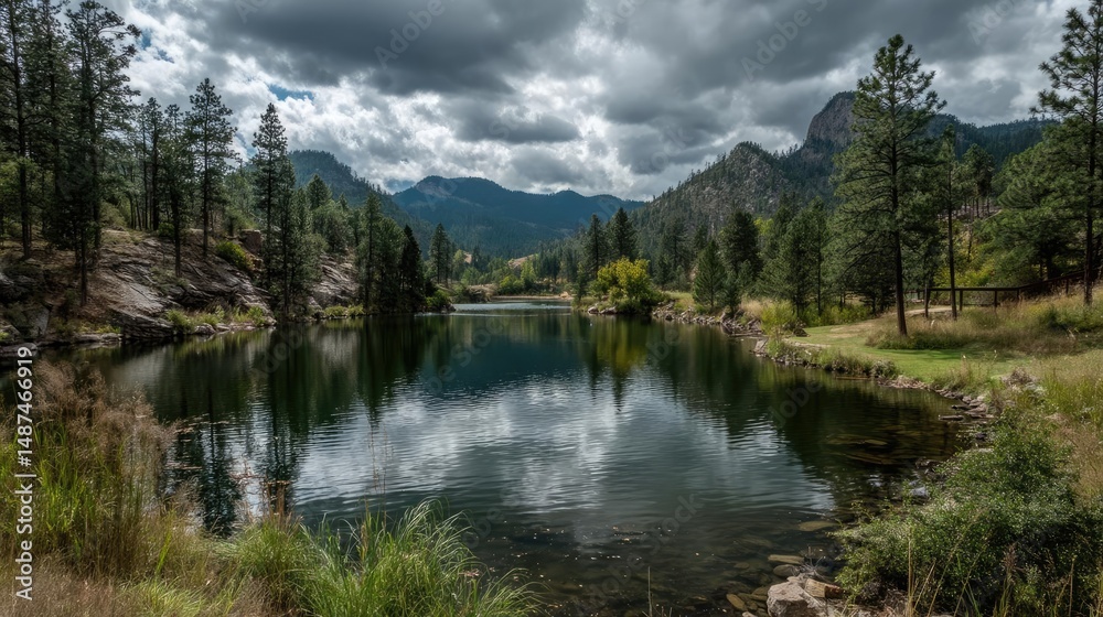 Poster Scenic view of lake in pine forest under cloudy blue sky concept. Serene lake surrounded by mountains and lush greenery under clouds.