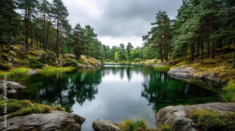 Poster scenic view of lake in pine forest under peaceful nature concept. serene lake surrounded by lush tre