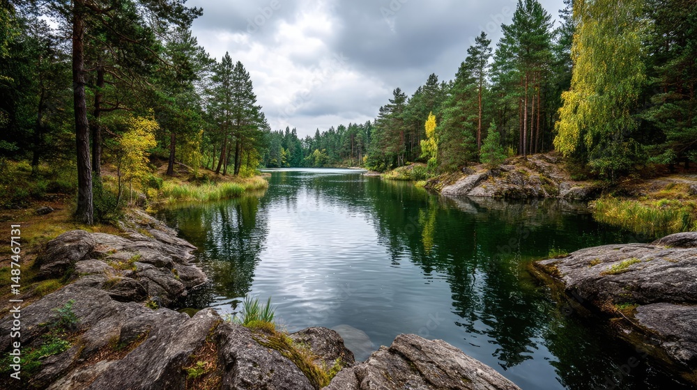 Poster scenic view of lake in pine forest under peaceful nature concept. serene lake surrounded by lush tre