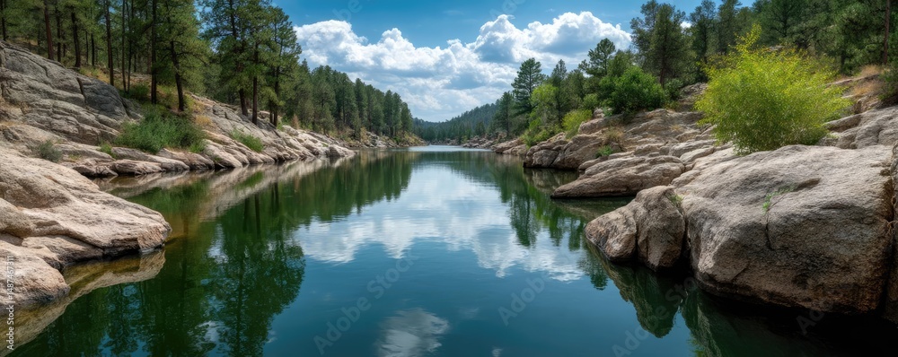 Poster Scenic view of lake in pine forest with rock and trees concept. Serene river reflecting clouds and trees in a tranquil landscape.