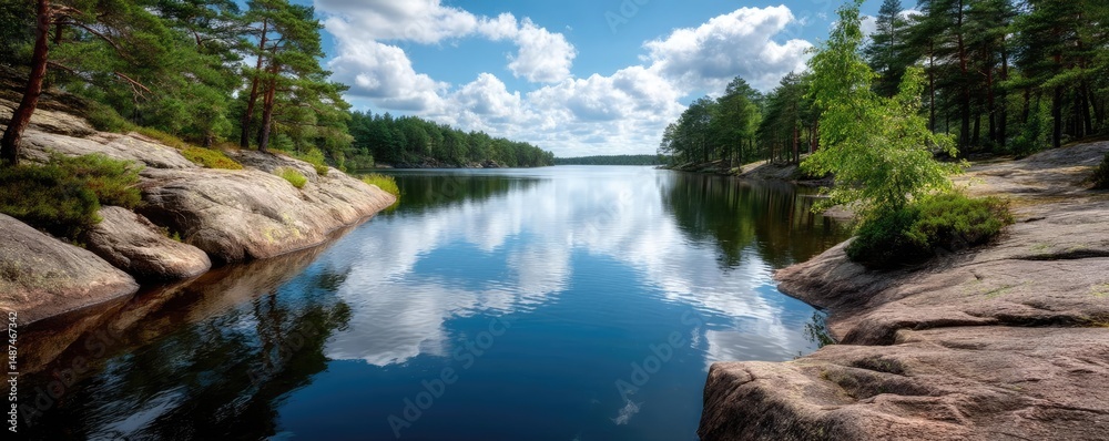 Poster Scenic view of lake in pine forest with rock and trees concept. Scenic lake reflecting clouds and trees in a tranquil setting.
