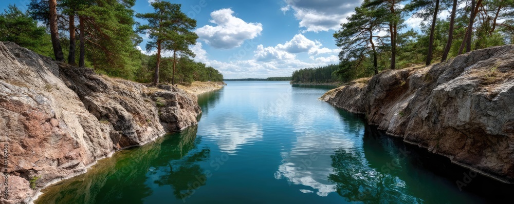 Poster scenic view of lake in pine forest with rock and trees concept. a serene river flows between rocky s