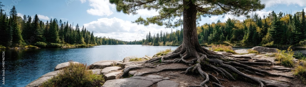 Poster Scenic view of lake in pine forest with rock and trees concept. A tranquil lake scene with a majestic tree by the water's edge.