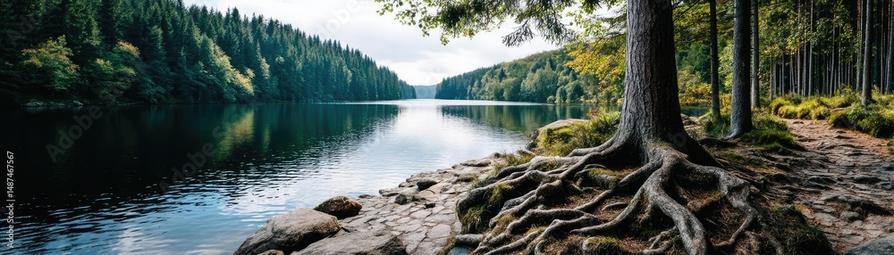 Poster Scenic view of lake in pine forest with rock and trees concept. Serene lake surrounded by lush forest and strong tree roots.