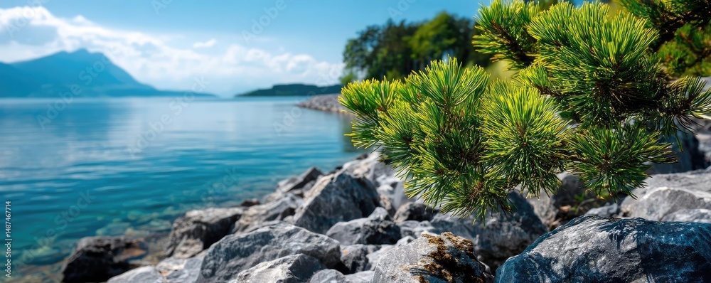 Poster scenic view of lake in pine forest with rock and trees concept. a serene landscape featuring a lake 