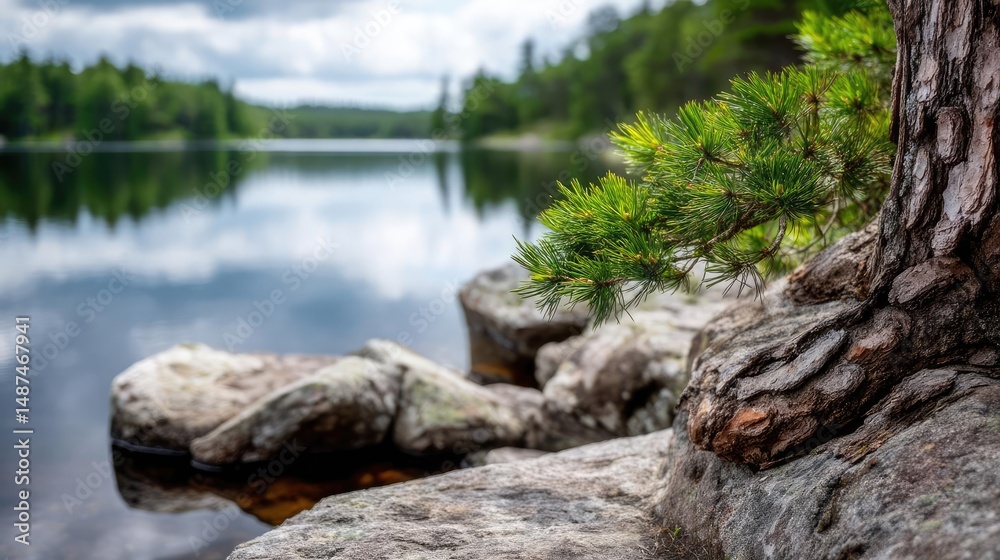 Poster scenic view of lake in pine forest under peaceful nature concept. tranquil lakeside view with rocks 
