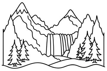 Outlined mountain landscape features a striking waterfall and evergreen trees in a minimalist style