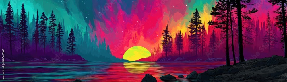 Poster scenic view of lake in pine forest with rock and trees concept. a vibrant sunset over a serene lake 