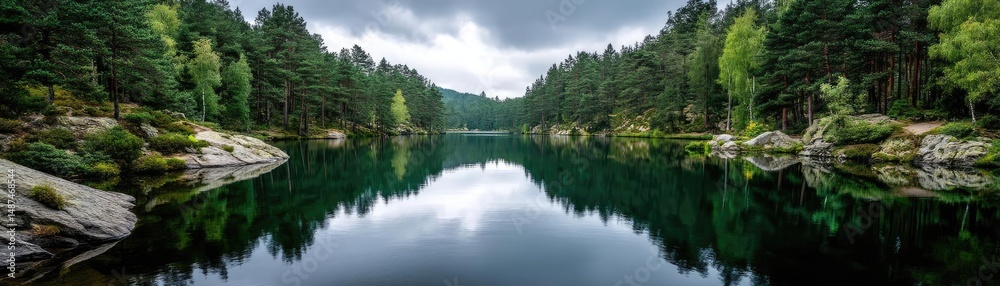 Poster scenic view of lake in pine forest under peaceful nature concept. tranquil lake surrounded by lush g