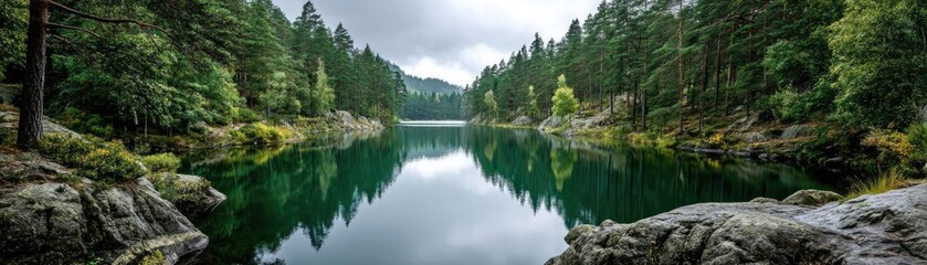 Obraz premium Scenic view of lake in pine forest under peaceful nature concept. A tranquil lake surrounded by lush green forests and mountains.