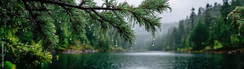 Poster Scenic view of lake in pine forest under cloudy blue sky concept. A serene view of forested landscape reflecting in calm water.