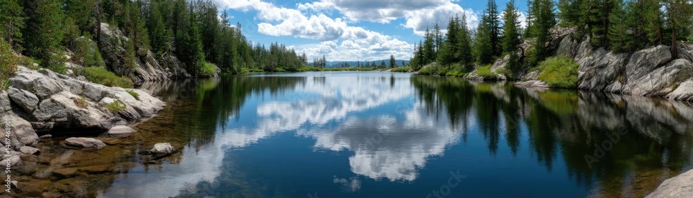 Poster Scenic view of lake in pine forest under cloudy blue sky concept. Tranquil lake with reflection of trees and clouds in the sky.