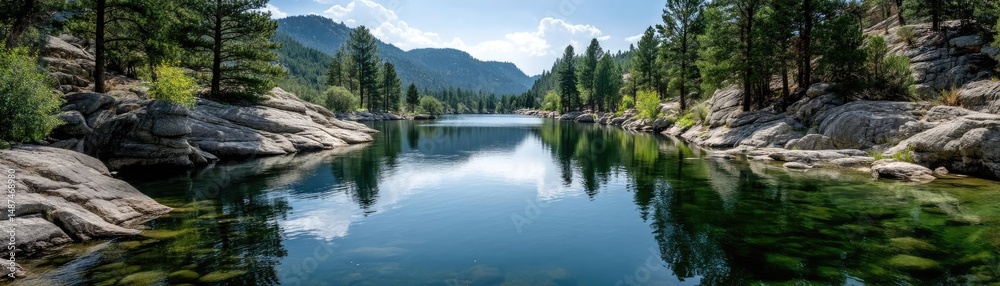 Poster scenic view of lake in pine forest with rock and trees concept. serene mountain lake reflecting tree
