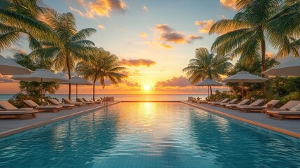 pool, sun loungers or deck chairs under umbrellas with palm trees, sunset sky.