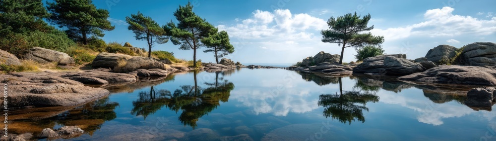 Poster Scenic view of lake in pine forest with rock and trees concept. Serene lake with trees reflecting in clear water under blue sky.