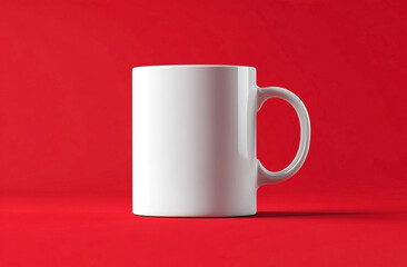 Classic white ceramic mug on a bold red surface offering a modern aesthetic