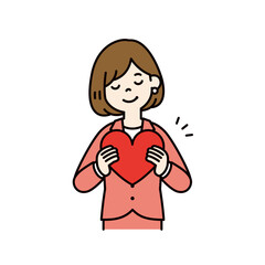 胸にハートを抱く、若い女性会社員のベクターイラスト素材＿線幅の編集可能＿カラー