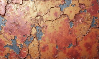 Textured wall with cracked red and gold paint, showcasing a rich vintage appearance.
