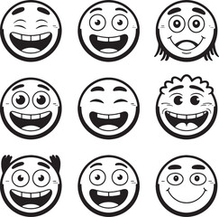Nine happy cartoon emoticon faces black and white
