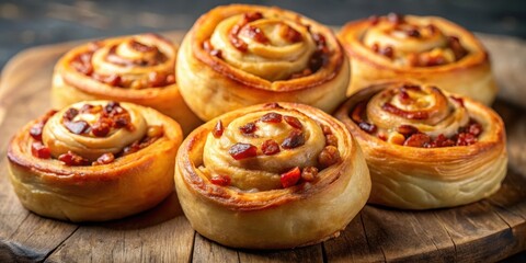 Sweet cheese-filled pastry pinwheels wrapped around a cylindrical roll, topped with crispy bacon bits and golden brown edges, cheese pinwheel, pastry curls