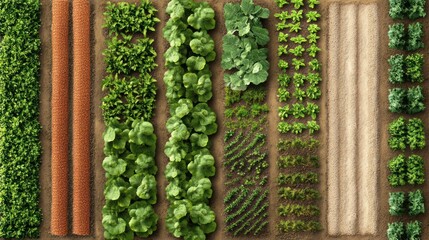Aerial View of a Diverse and Organized Vegetable Garden Rows