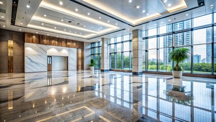 Modern Lobby with Marble Floor and Large Windows, marble floor, ambient lighting,  marble floor