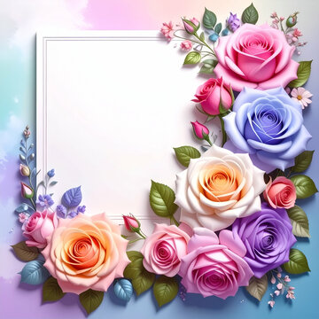 A decorative floral frame with various roses and leaves, ideal for invitations or cards.