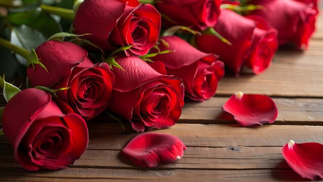 Fresh Red Roses on Rustic Wooden Table with Natural Light and Macro Detail