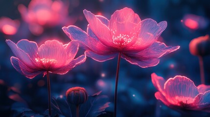 Enchanted Glow: Luminescent Pink Flowers in a Dreamlike Garden