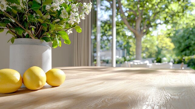 Lemons on a Wooden Table Next to a Flower Arrangement