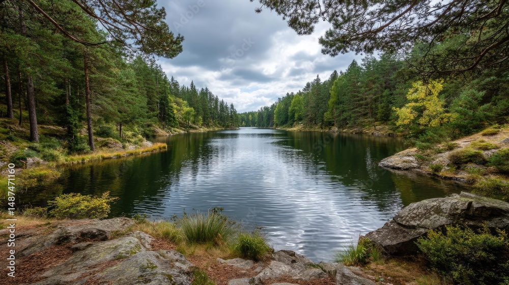 Poster scenic view of lake in pine forest under peaceful nature concept. serene lake surrounded by lush tre
