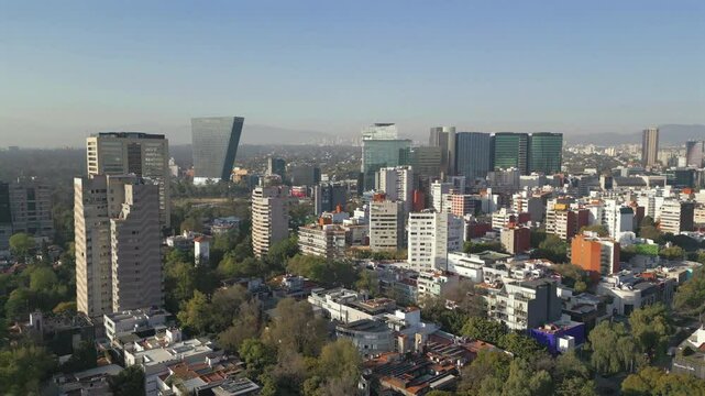 Aerial of Polanco neighborhood of Mexico City during sunrise