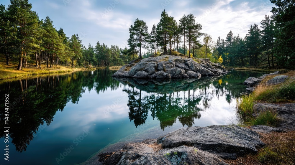 Aufkleber Scenic view of lake in pine forest with rock and trees concept. Serene lake surrounded by lush trees and rocky landscape.
