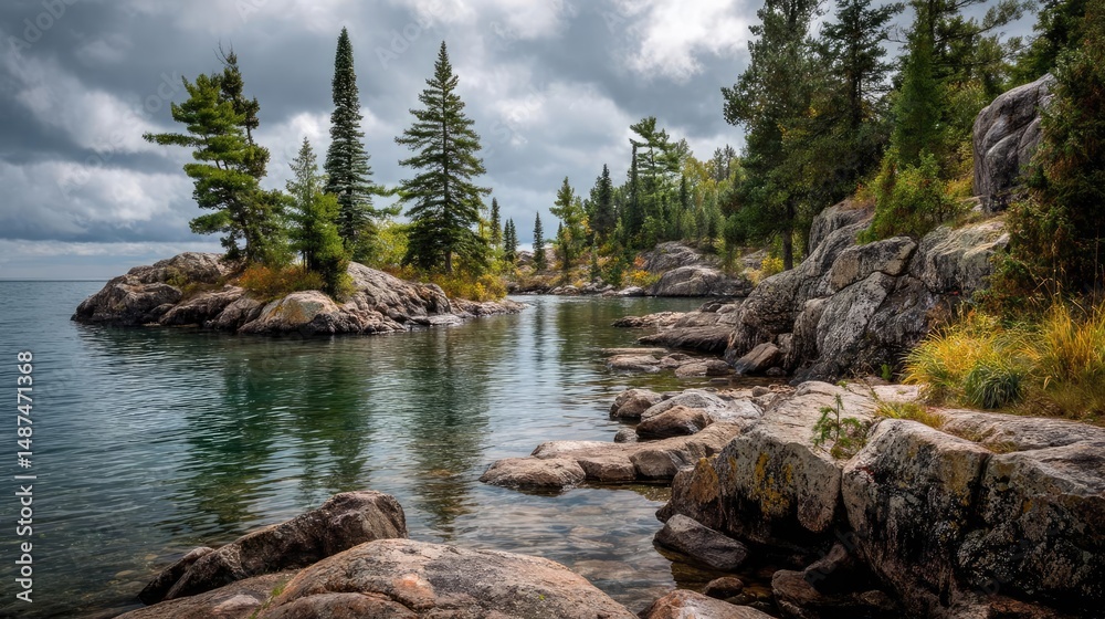 Aufkleber scenic view of lake in pine forest under peaceful nature concept. serene lakeside view with rocky sh
