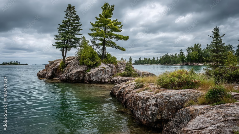 Poster scenic view of lake in pine forest under peaceful nature concept. serene lake scene with lush greene