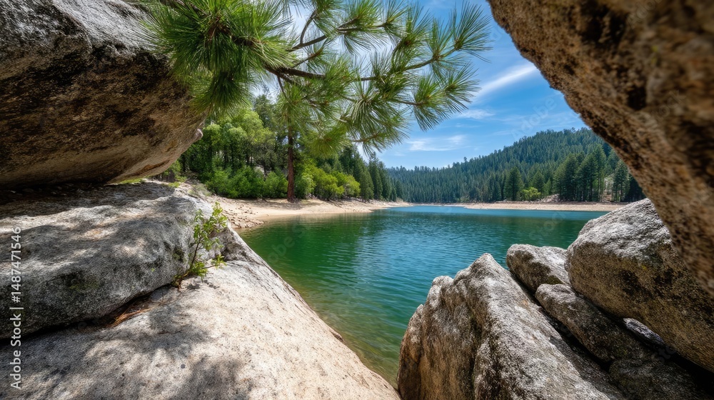 Poster Scenic view of lake in pine forest with rock and trees concept. Serene view of a tranquil lake surrounded by lush mountains.