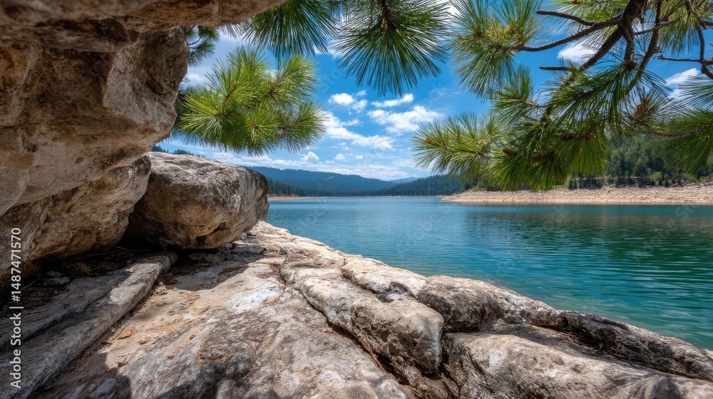 Poster Scenic view of lake in pine forest with rock and trees concept. Serene lake view surrounded by rocks and pine trees under blue skies.