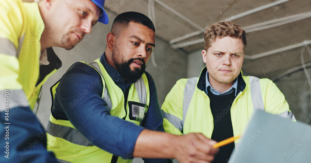 Poster Man, laptop and team at construction site with discussion, review or insight for renovation project. Lead engineer, checklist and point for architecture, computer or feedback for property development