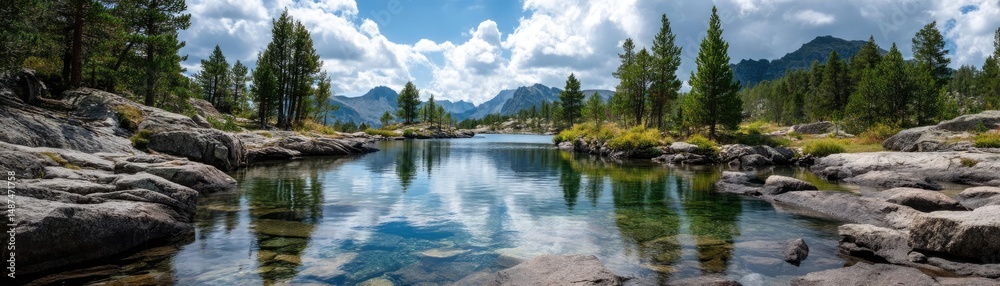 Poster scenic view of lake in pine forest with rock and trees concept. scenic view of a tranquil lake surro