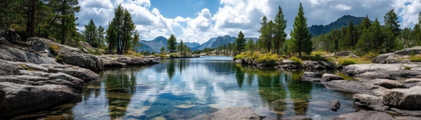 Fototapeta premium Scenic view of lake in pine forest with rock and trees concept. Scenic view of a tranquil lake surrounded by majestic mountains.