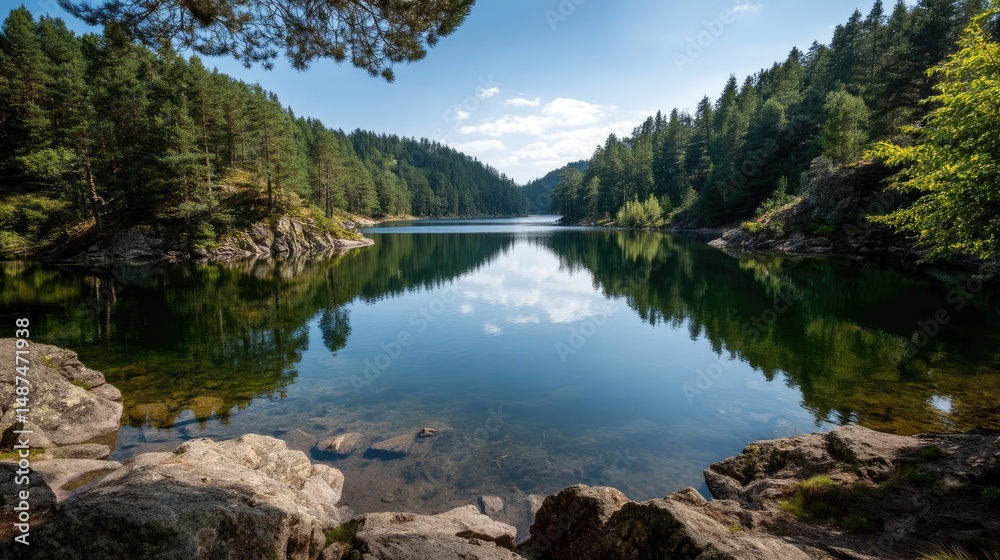Poster scenic view of lake in pine forest with rock and trees concept. a serene lake surrounded by lush gre