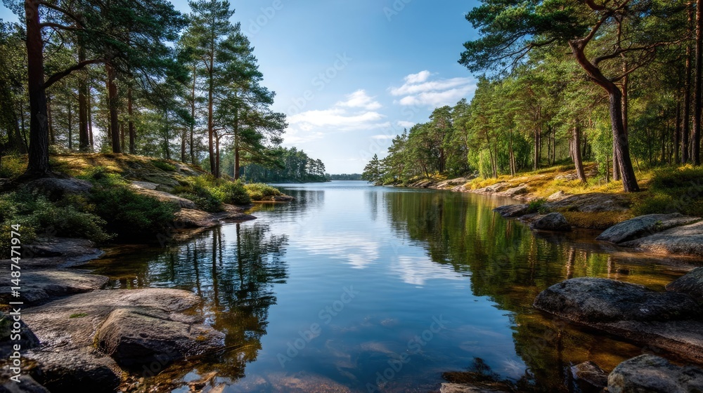 Poster scenic view of lake in pine forest with rock and trees concept. calm lake surrounded by pine trees a