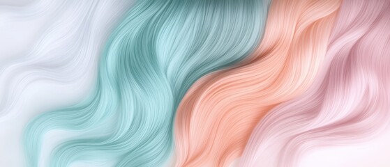 Colorful hair strands flowing in soft waves, pastel shades of pink, mint green, and white, ideal for beauty and fashion design backgrounds and hairstyling concepts.